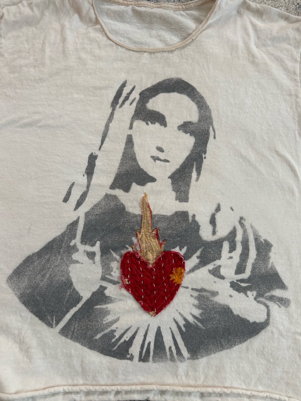 One of a kind hand printed + embroidered sacred heart Virgin Mary tee. Size L - Picture 1 of 9